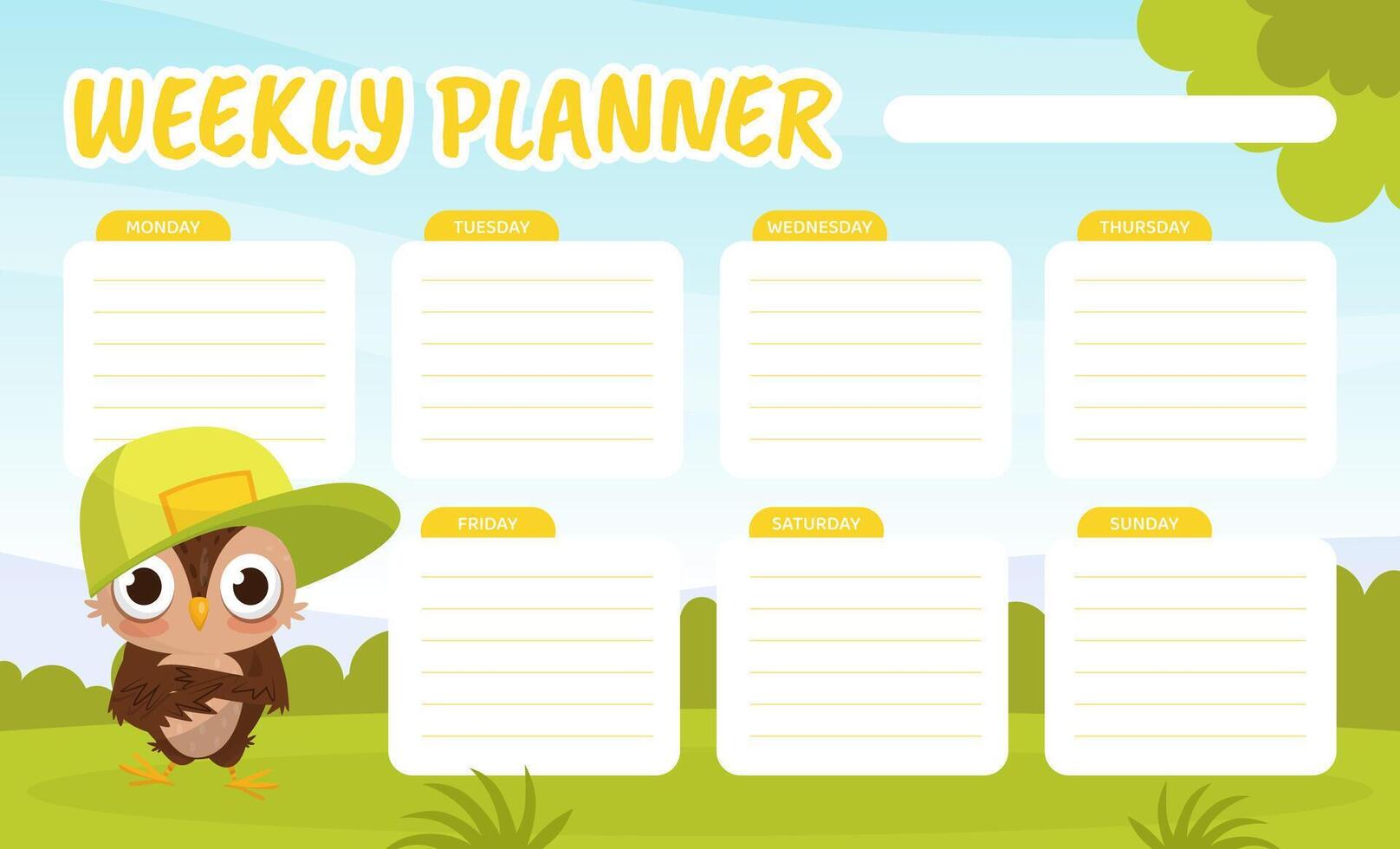 Empty Week Planner with Funny Brown Owl Character with Feather Template vector