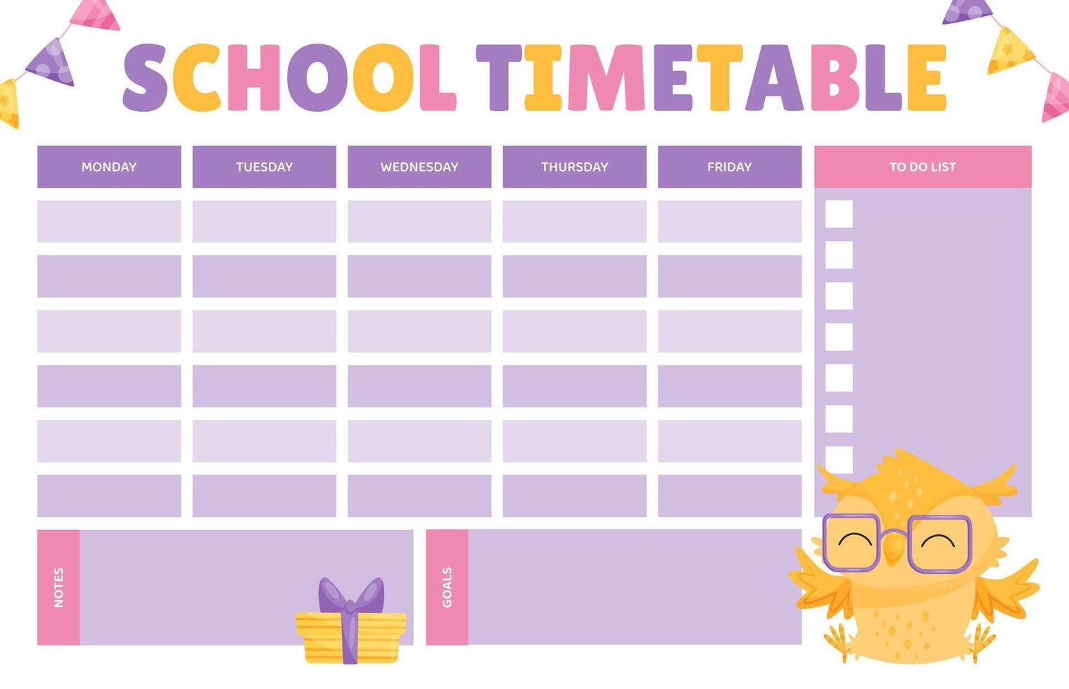 Funny Owl Empty School Timetable with Space Template vector