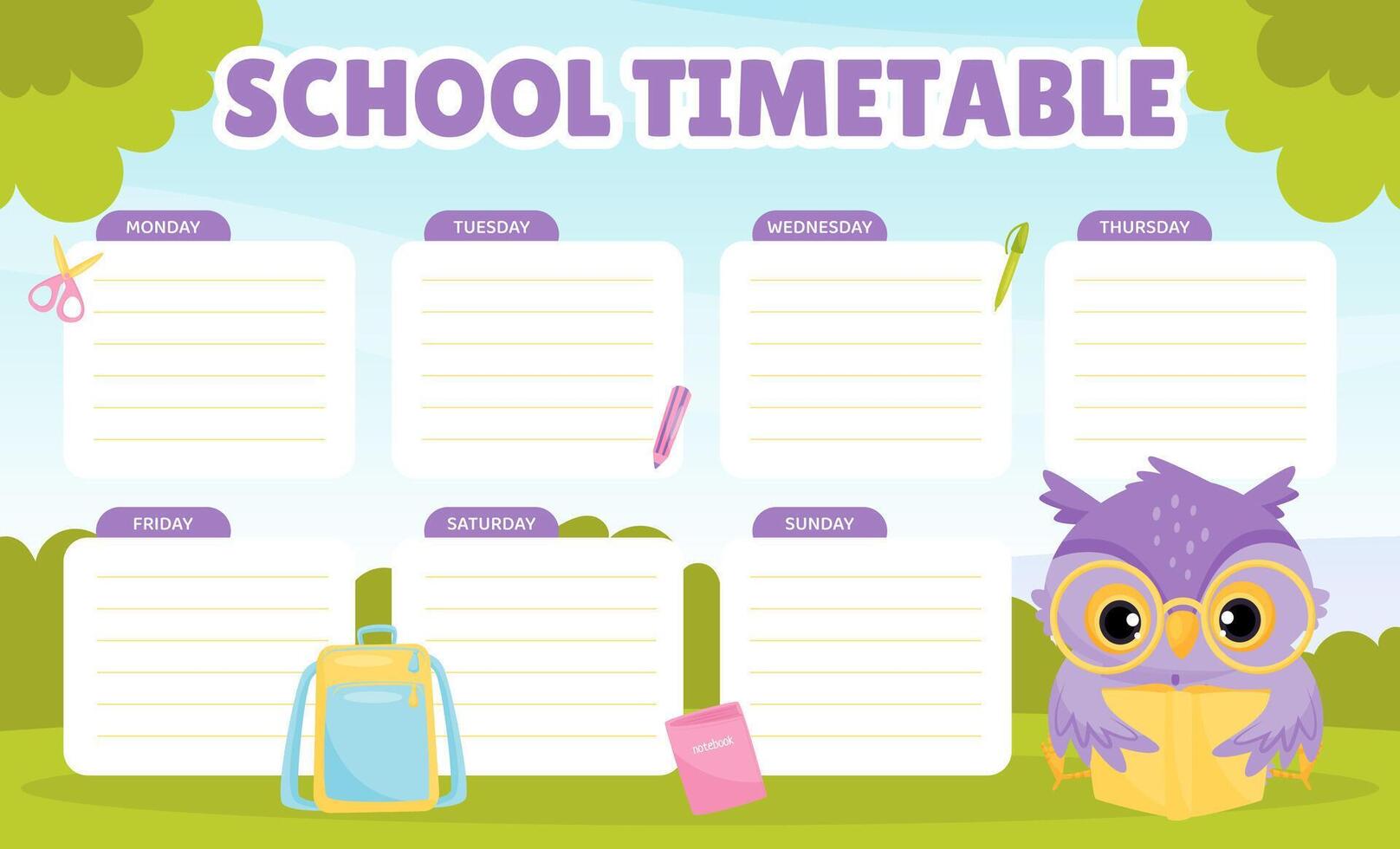 School Owl Character Timetable for Note Template vector