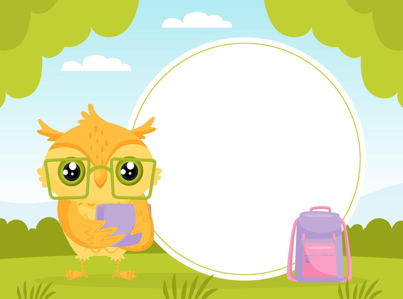 School Owl Character Round Banner for Note Template vector