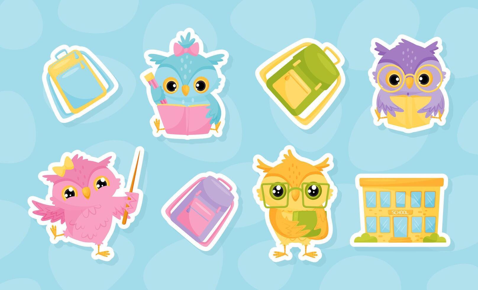 Owl Character and School Item and Supply Set vector