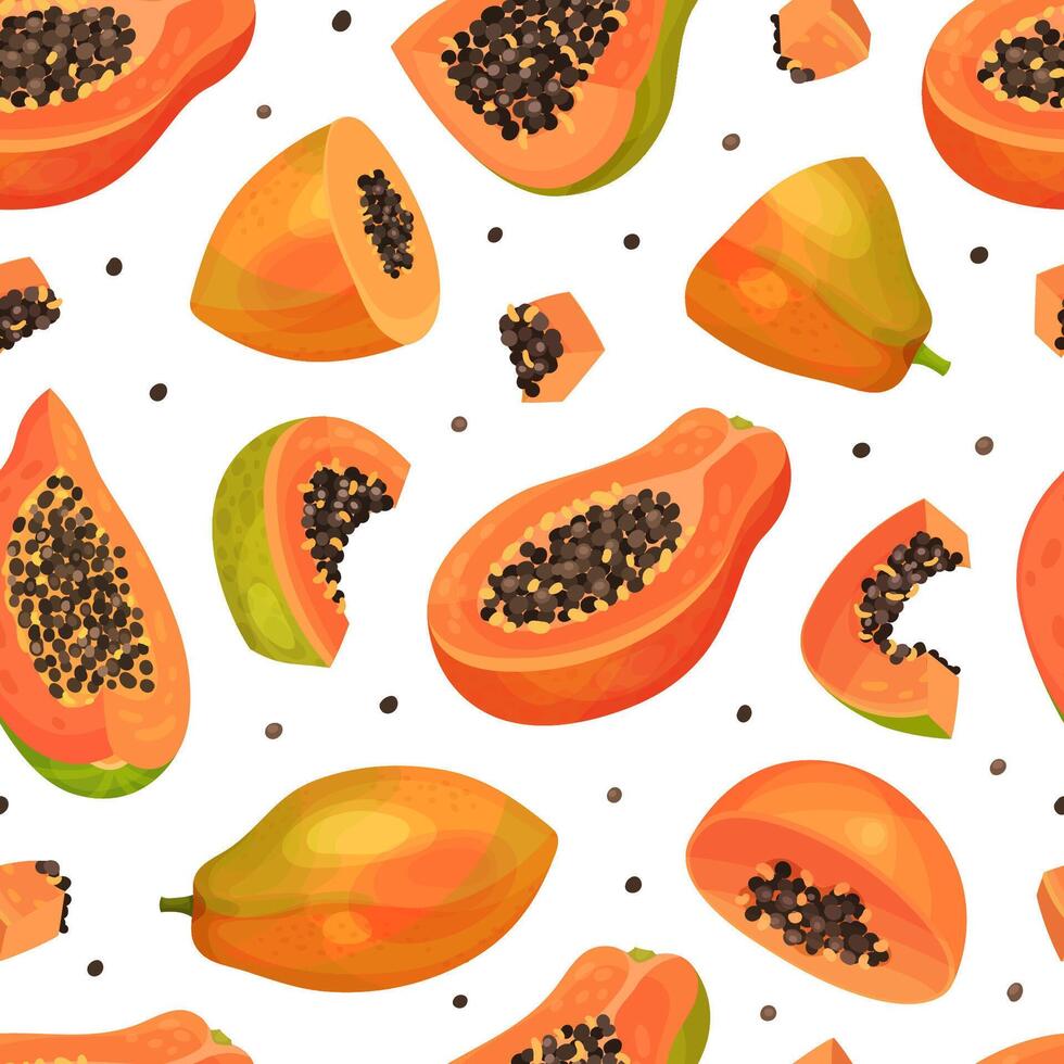 Papaya Fruit Seamless Pattern with Cut Section with Seeds and Orange Pulp Template vector