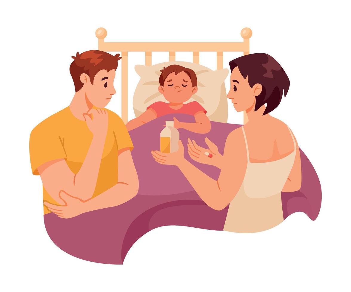 Parental Care for Sick Child with Mom and Dad Sit at Son Bed Illustration vector