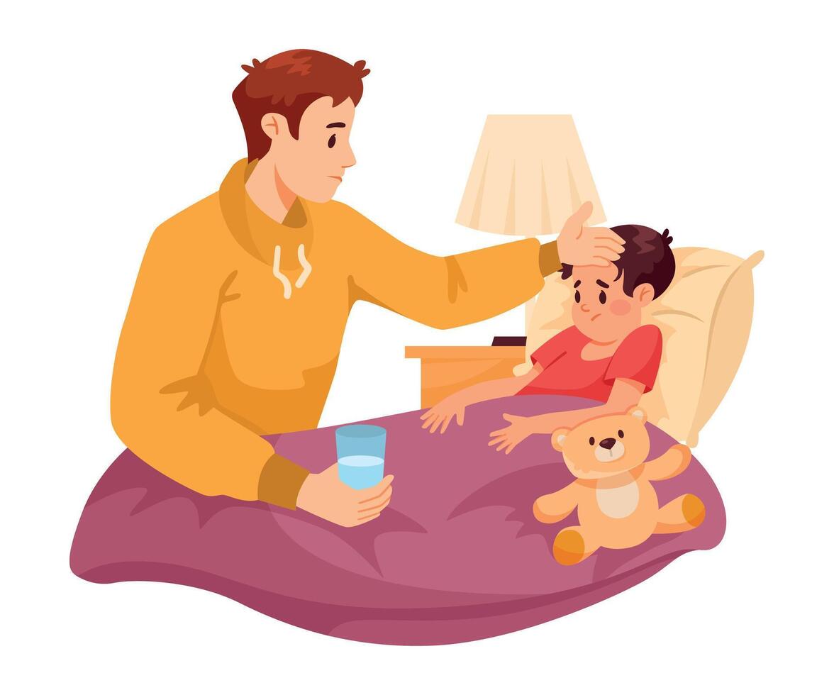 Parental Care for Sick Child with Man Dad Sit at Son Bed Illustration vector