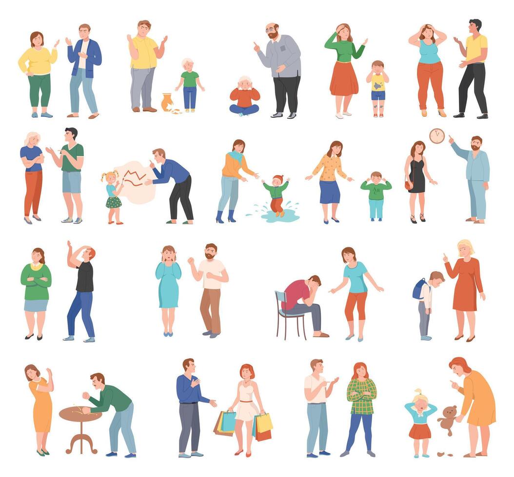 Family Conflict with Parent Scolding and Suffering Child Set vector