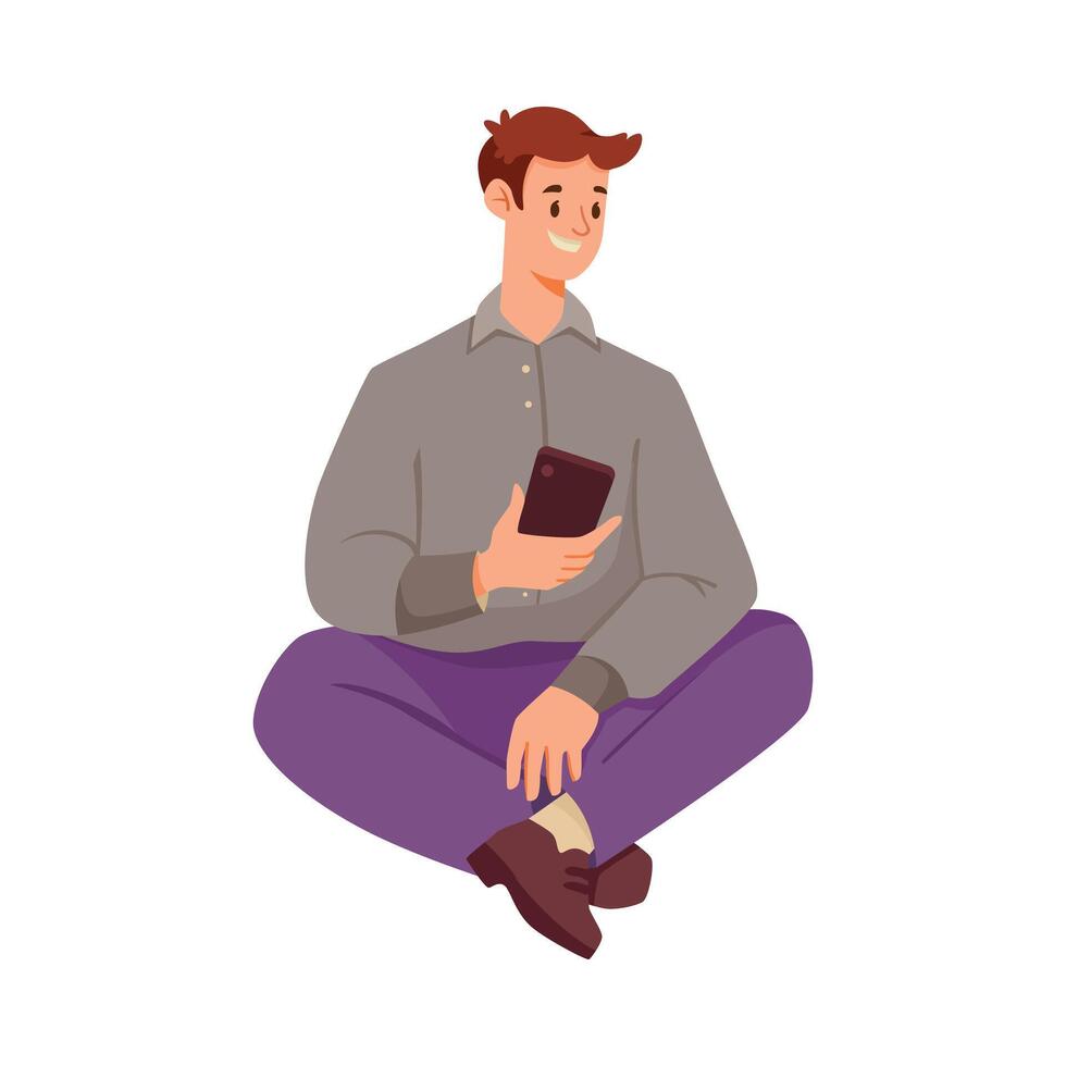 Young Man Character Sitting Cross Legged with Smartphone Illustration vector