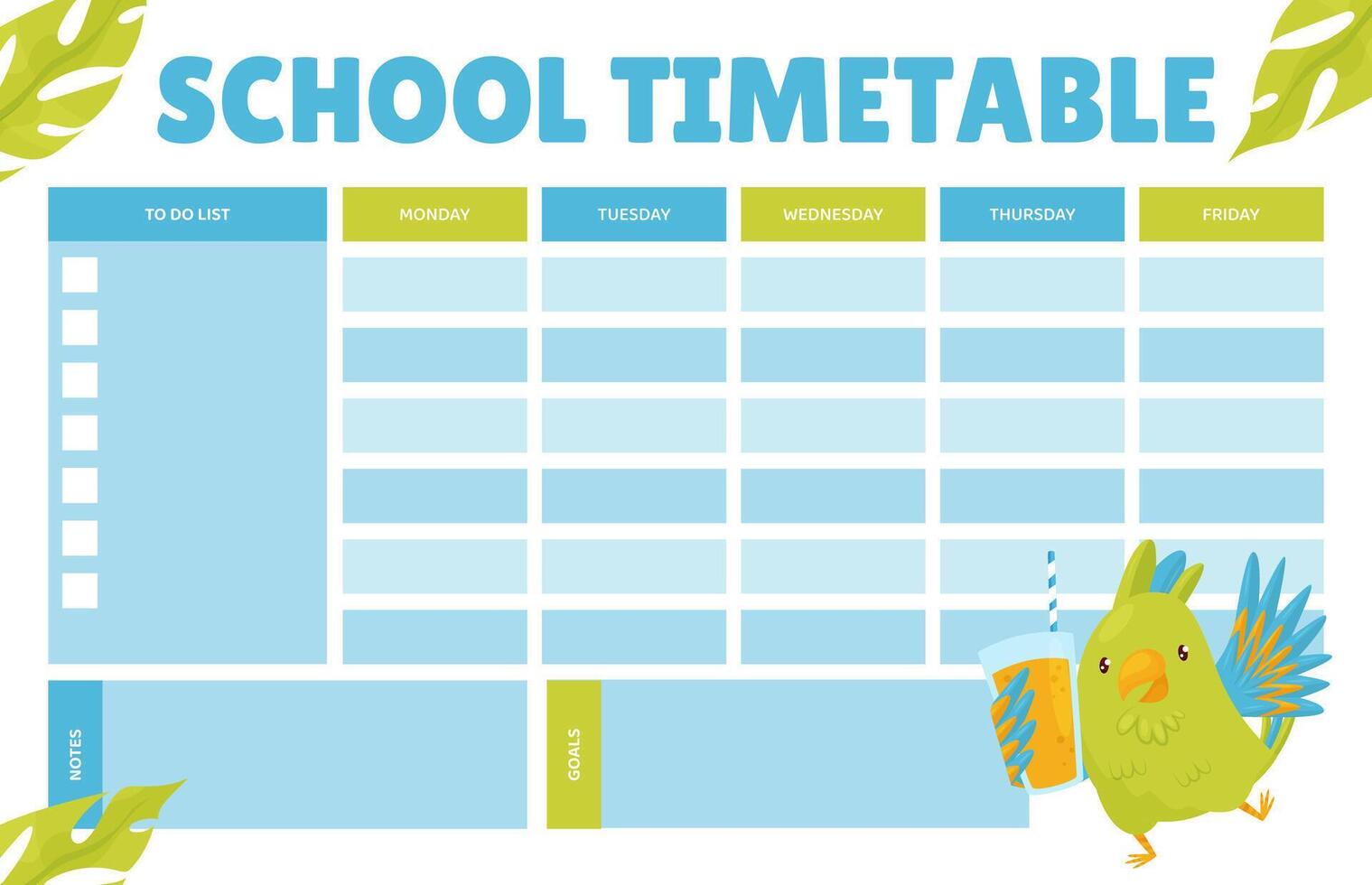 Empty School Timetable with Green Parrot Funny Bird Template vector