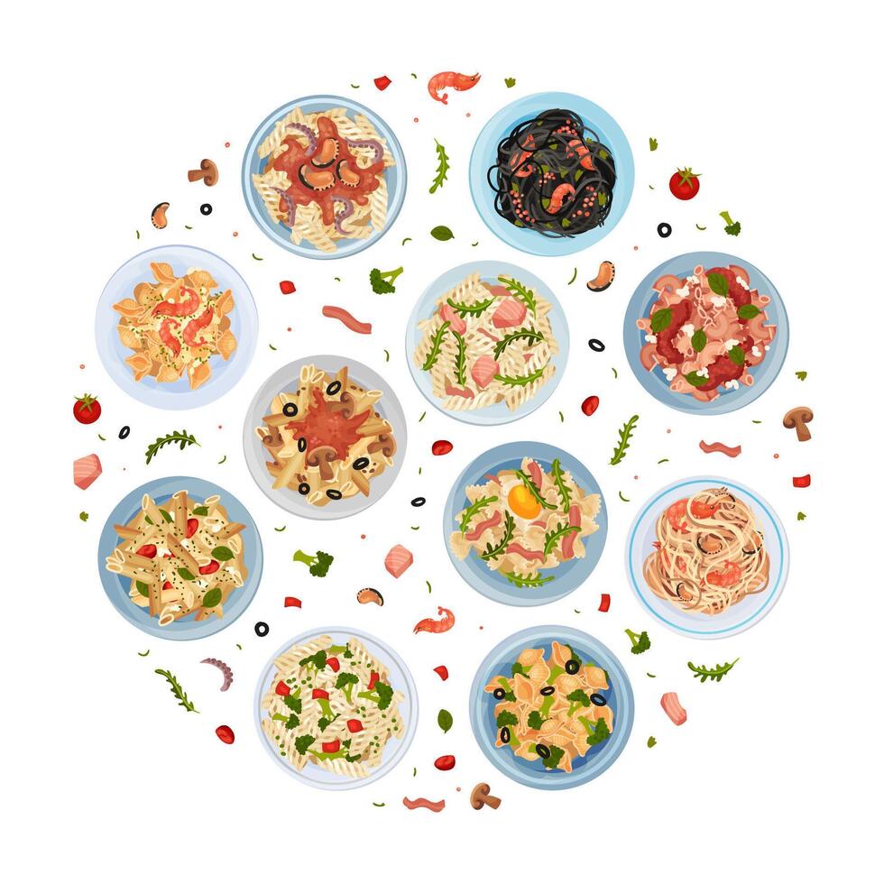 Pasta Dish Food Round Composition with Plate Serving Template vector