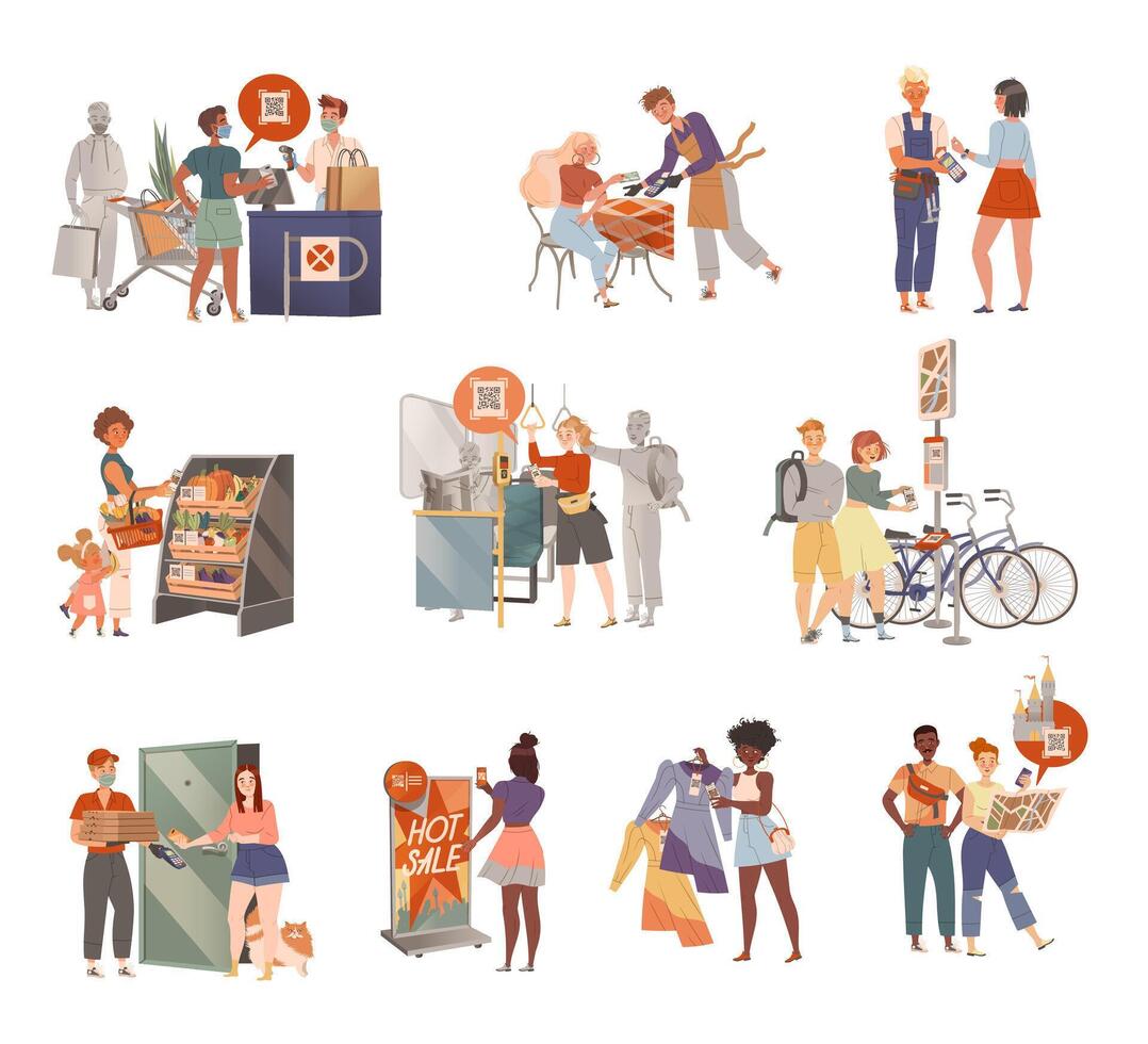 People Character Do Payment Cashless with Credit Card and Gadget Set vector