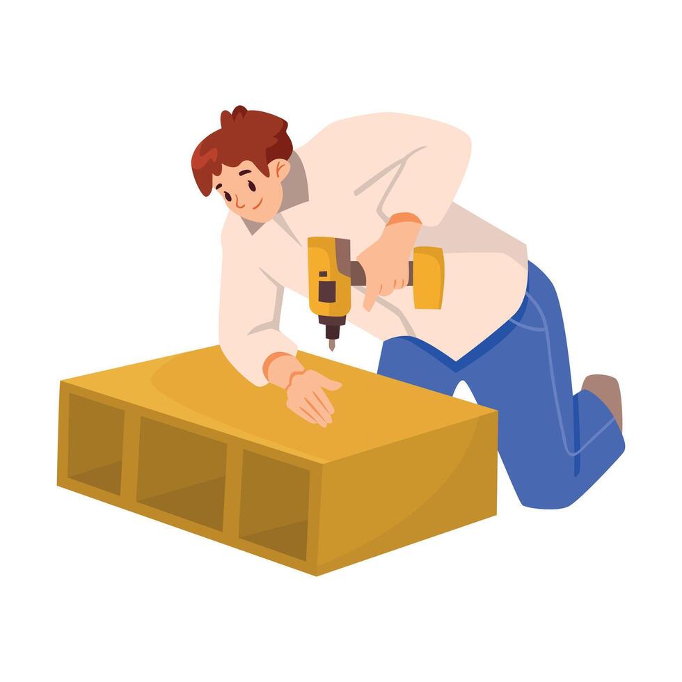 Man Character Assemble Furniture with Drill as DIY Home Repair Work Illustration vector