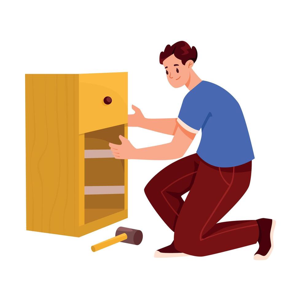 Man Character Assemble Furniture with Hammer as DIY Home Repair Work Illustration vector