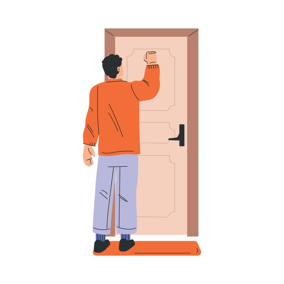 Man Character Knocking at the Door as Home Entrance Illustration vector