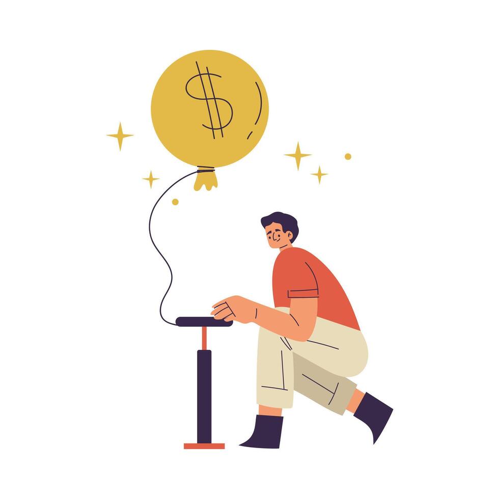 Man Character Have Capital Inflate Money Golden Coin Balloon Illustration vector