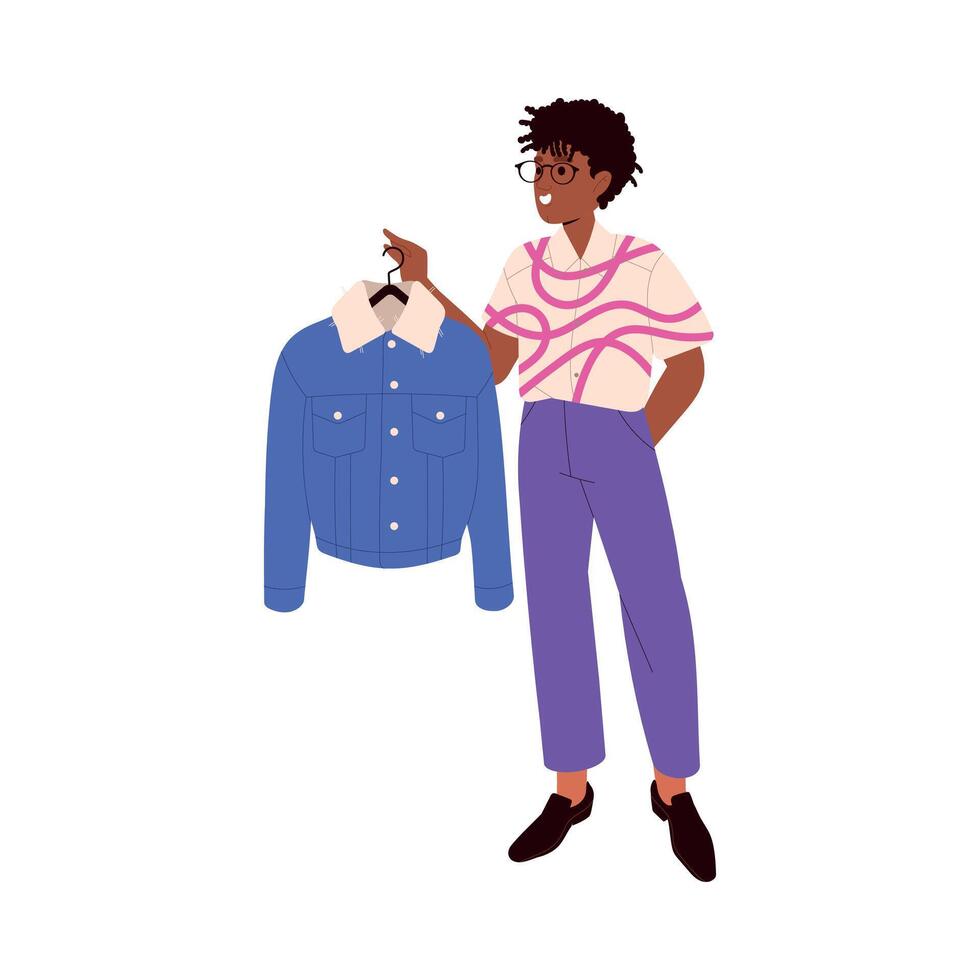 Man Character Choosing Clothes at Shop or Fashion Store Holding Hanger with Jacket Illustration vector