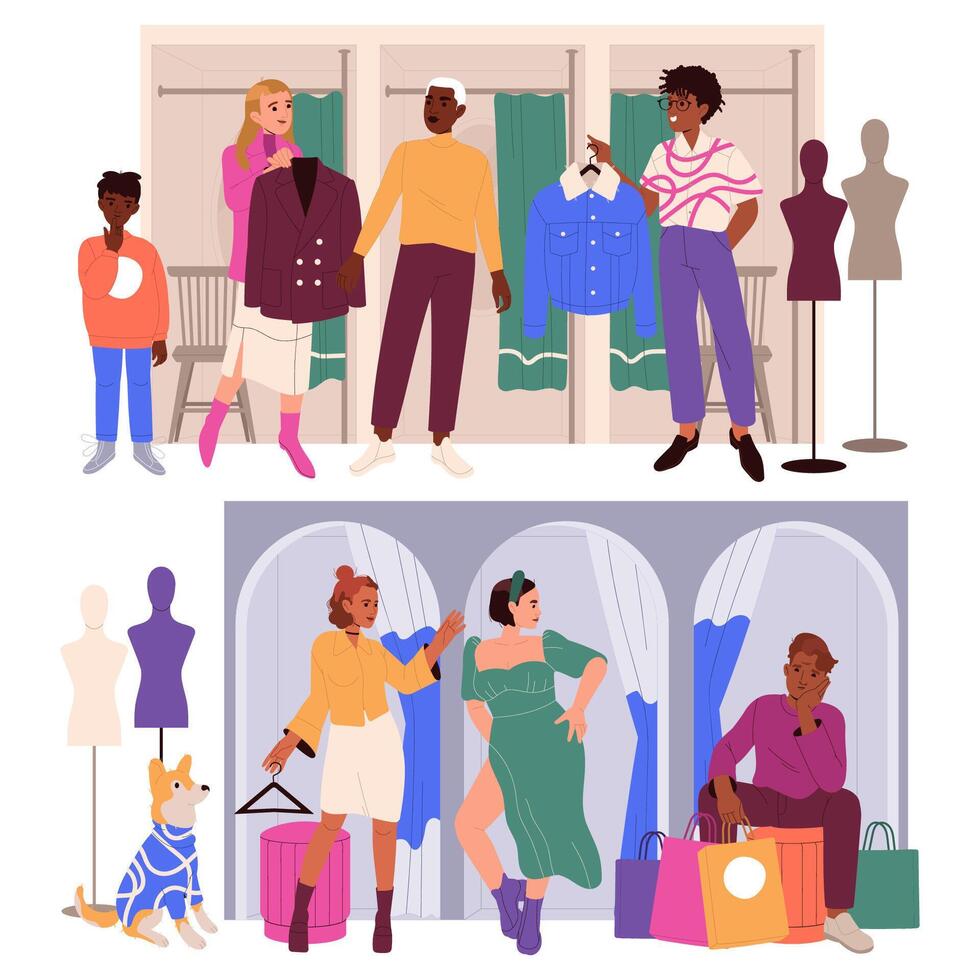 Man and Woman Character Choosing Clothes at Shop or Fashion Store Set vector