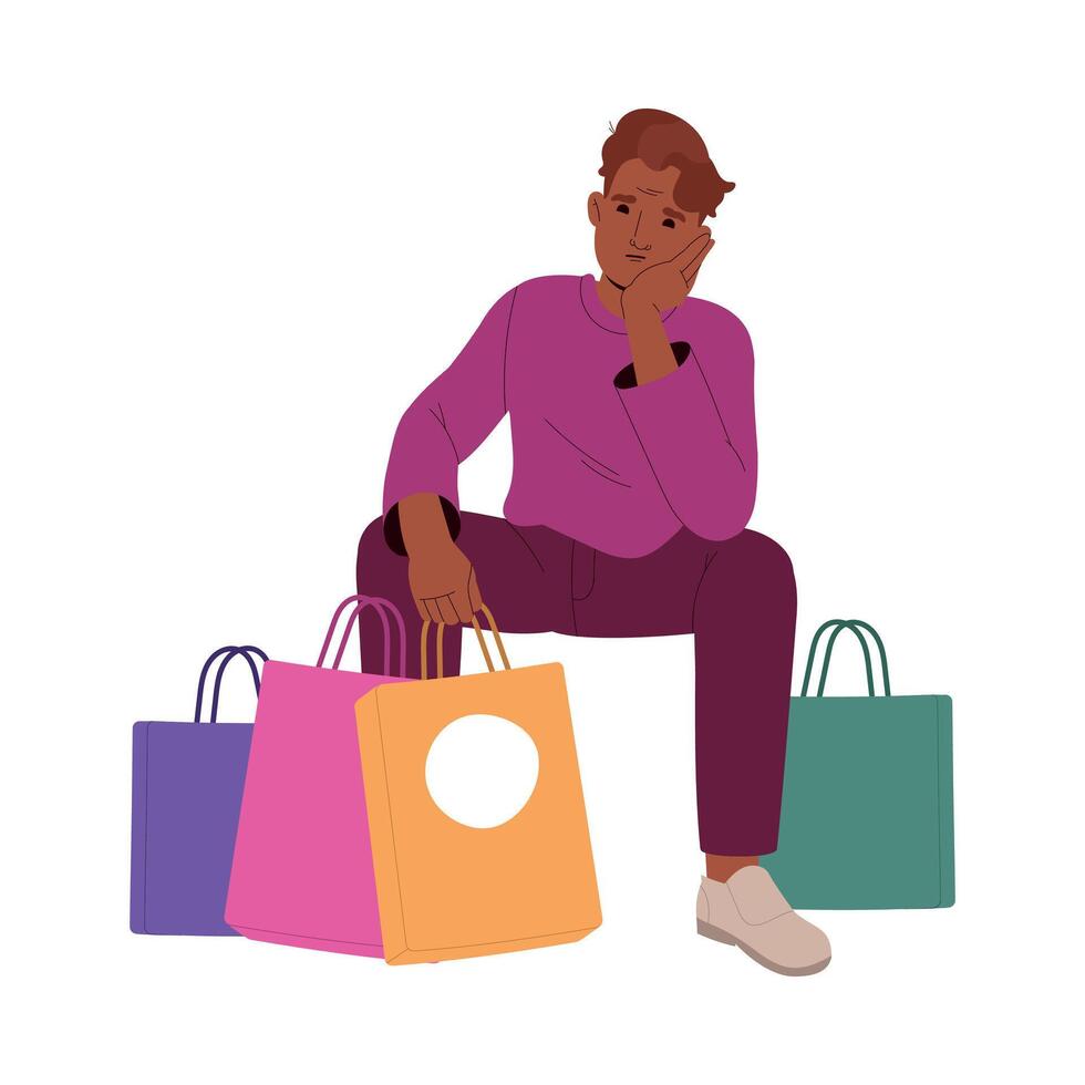 Man Character sit with Bags Thinking Choosing Clothes at Shop or Fashion Store Illustration vector