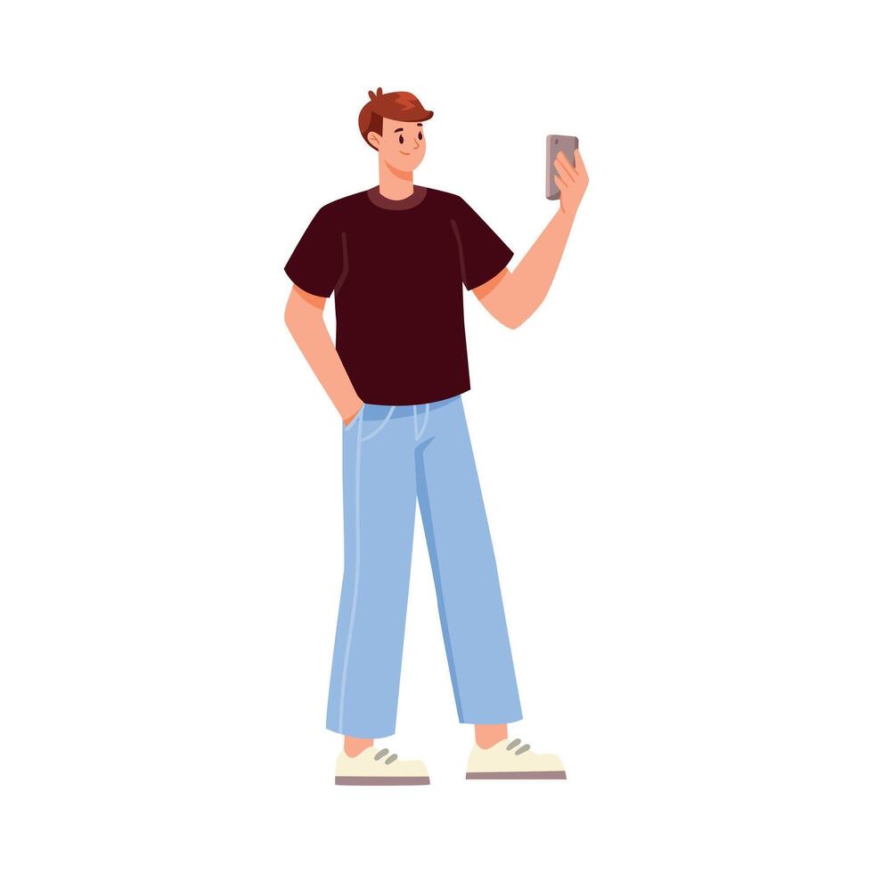 Online Communication with Man Character with Smartphone Chatting Illustration vector