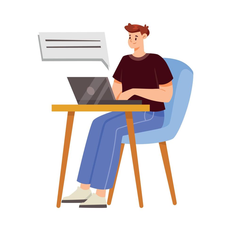 Online Communication with Man Character Sit at Laptop Chatting Illustration vector