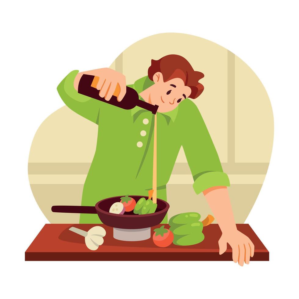 Man Cooking Vegetables at Home on Frying Pan Illustration vector