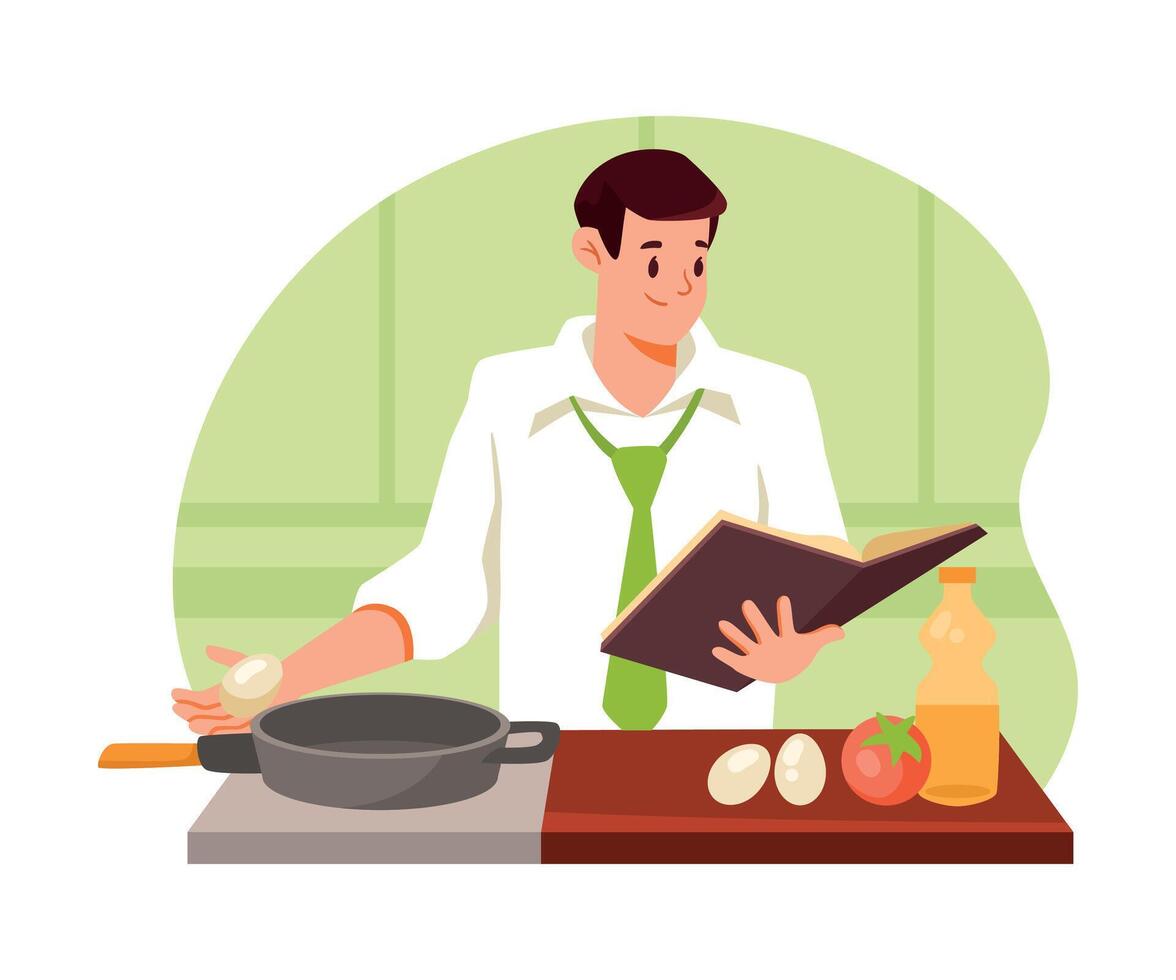 Man Cooking at Home with Cookbook and Frying Pan Illustration vector