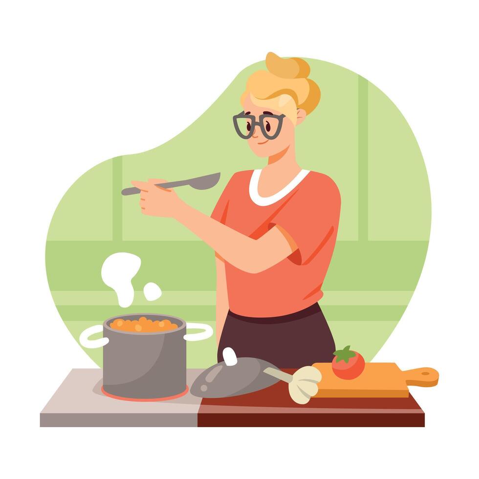 Woman Cooking Soup at Home in Pot Illustration vector