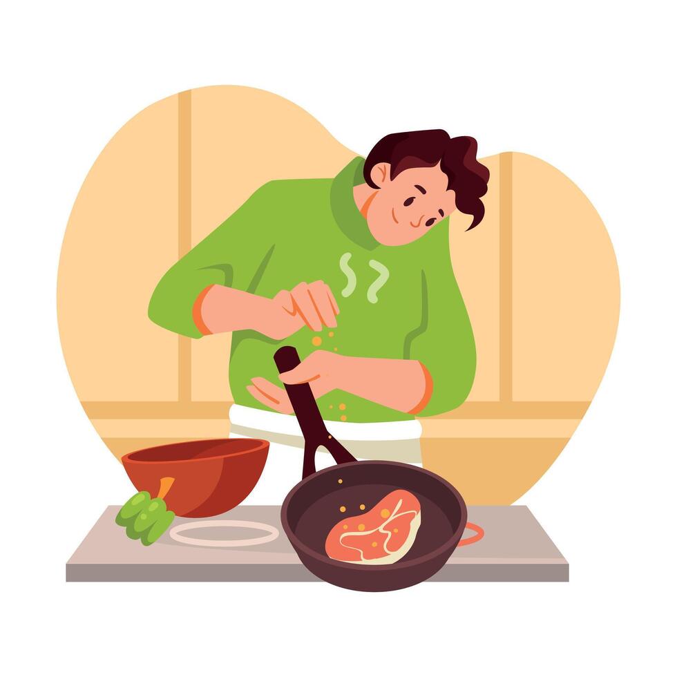 Man Cooking Beef Steak at Home on Frying Pan Illustration vector