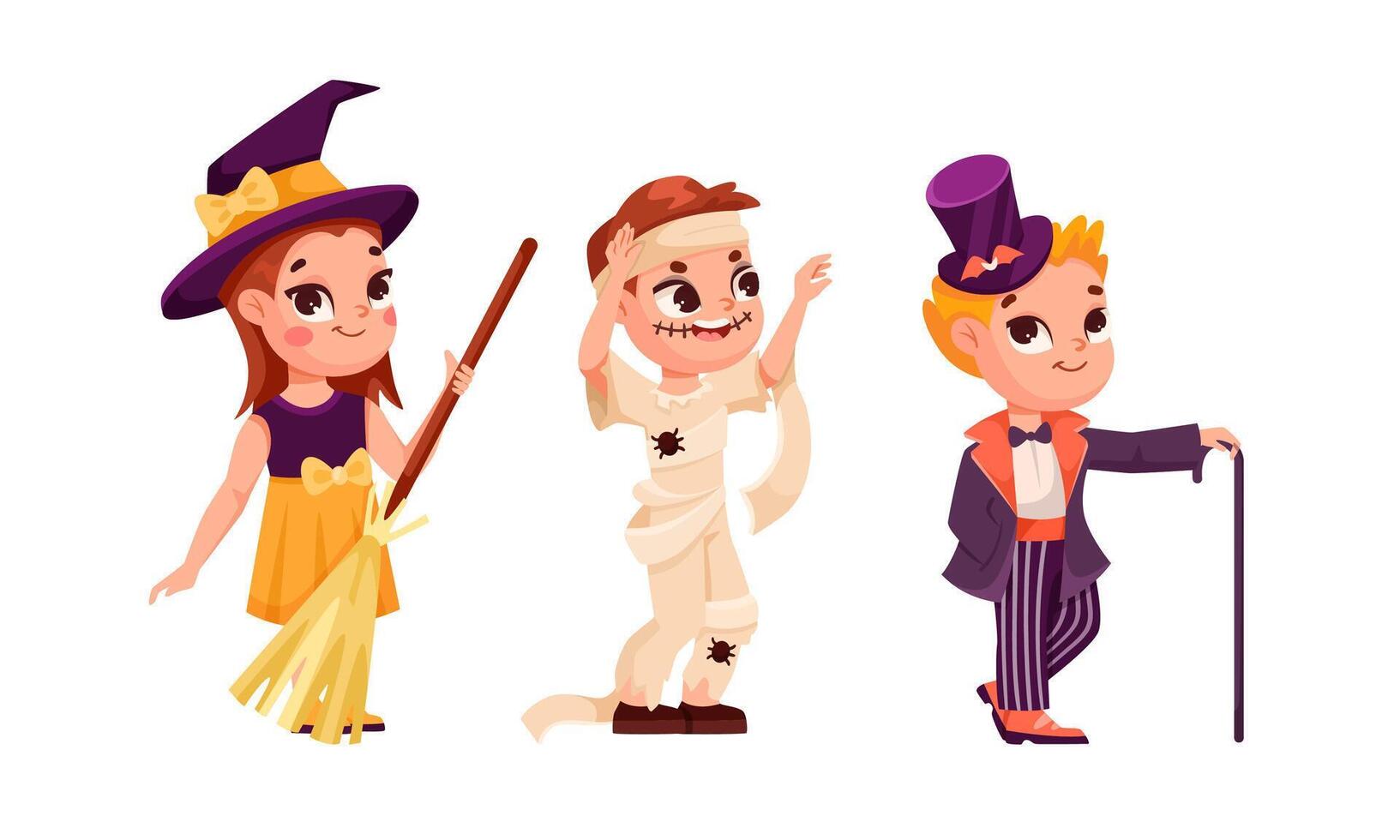 Exciting and Fun Halloween Costumes for Kids Choose from Witch, Mummy, and Magician vector