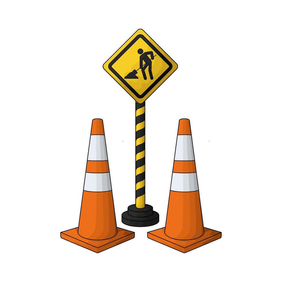 two traffic cones with construction sign vector