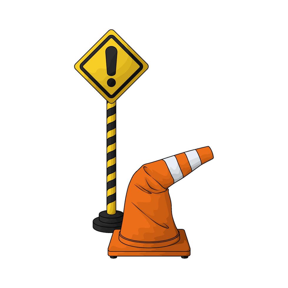 illustration of warning sign with traffic cone vector