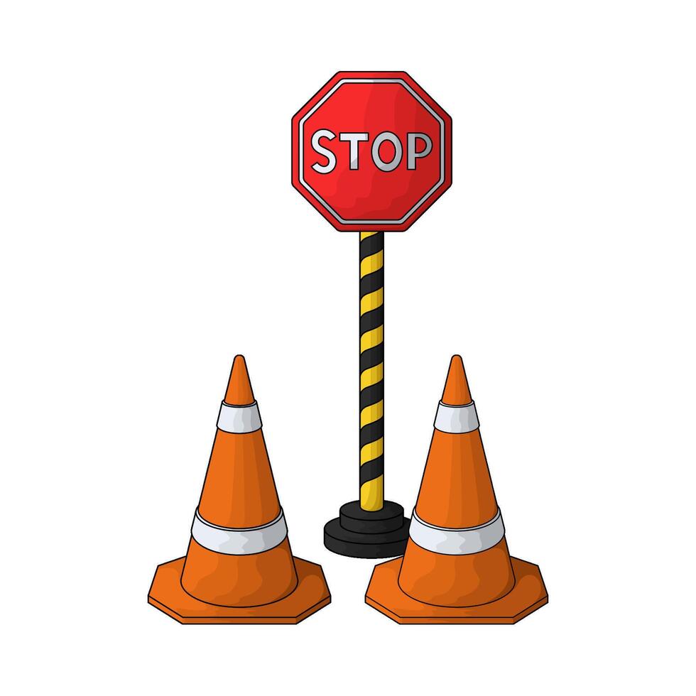 two traffic cones with stop sign illustration vector