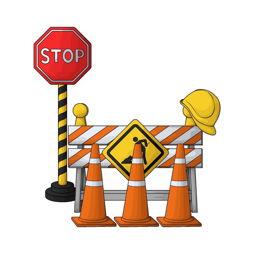 Road Construction Sign with traffic cone and barrier vector