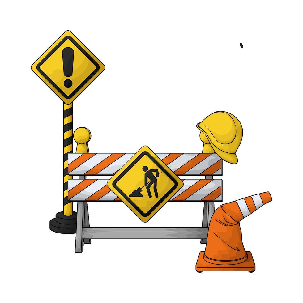 illustration of Road Construction Sign with traffic cone and barrier vector