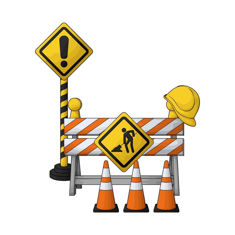 Road Construction Sign with barrier and traffic cone vector