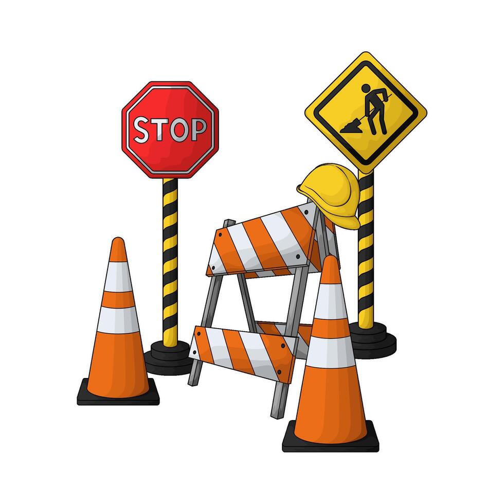 Road Construction Sign with traffic cone and barrier illustration vector