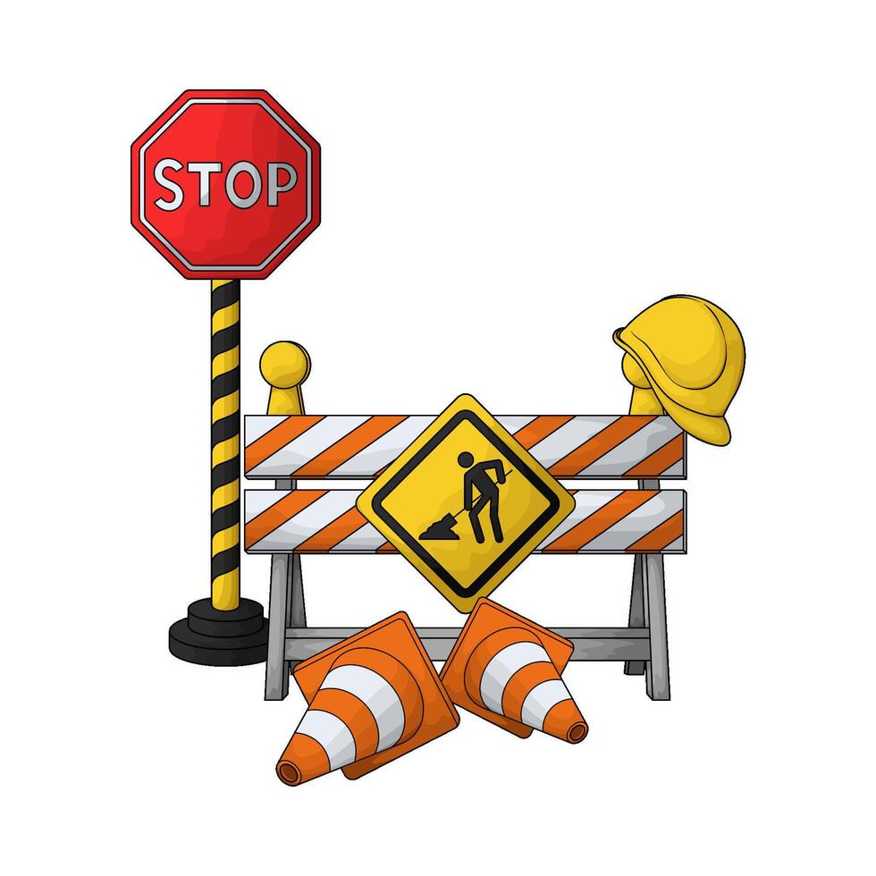 illustration of Road Construction Sign with barrier and traffic cone vector