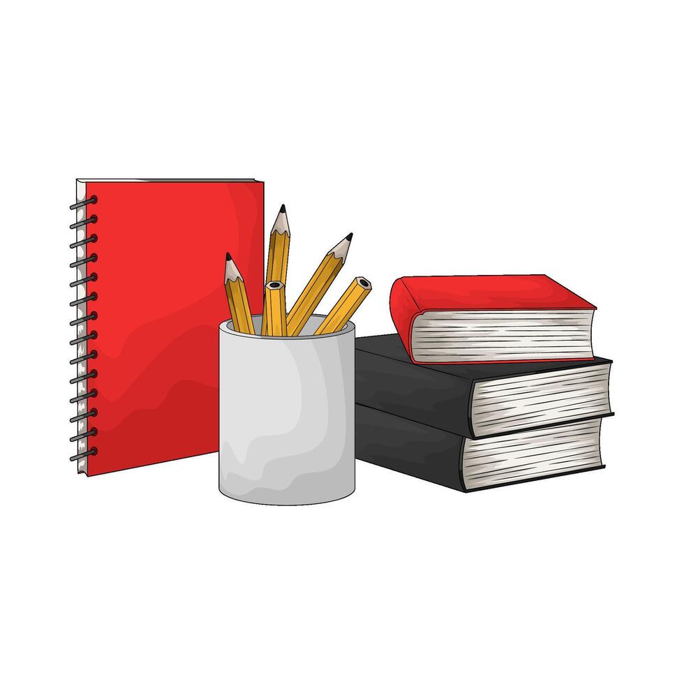 stack of books with pencil holder vector