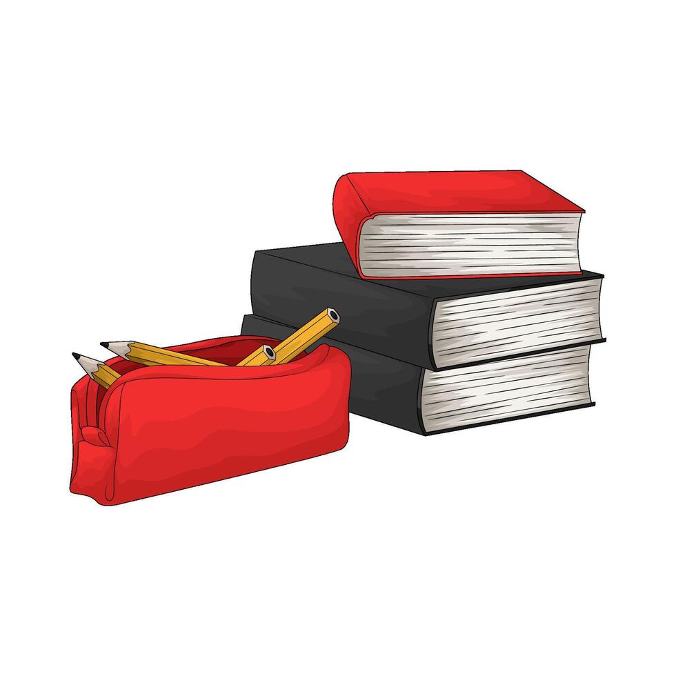 pile of books with pencil case vector
