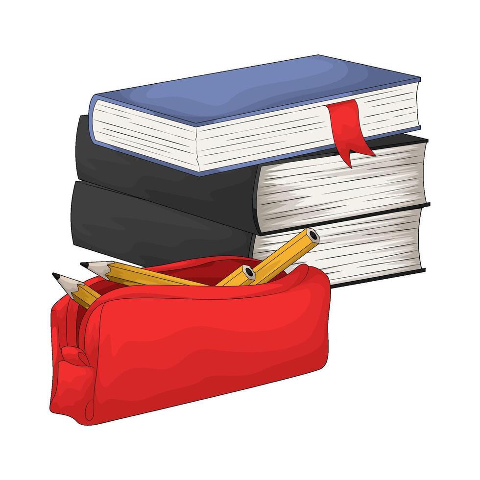 illustration of pile of books with pencil case vector