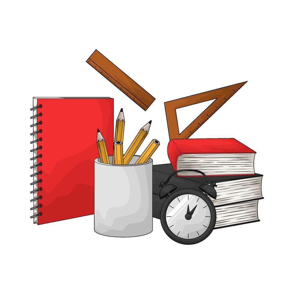 illustration of alarm clock with stationery vector