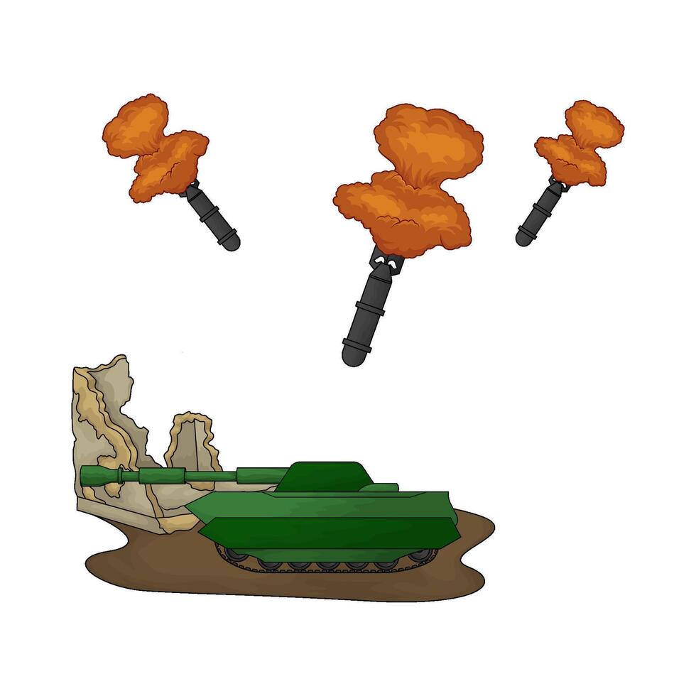 illustration of nuclear bomb towards army tanks vector