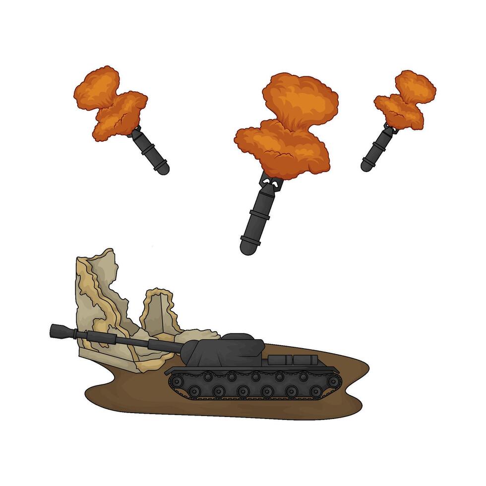 illustration of military tank was hit by a bomb vector