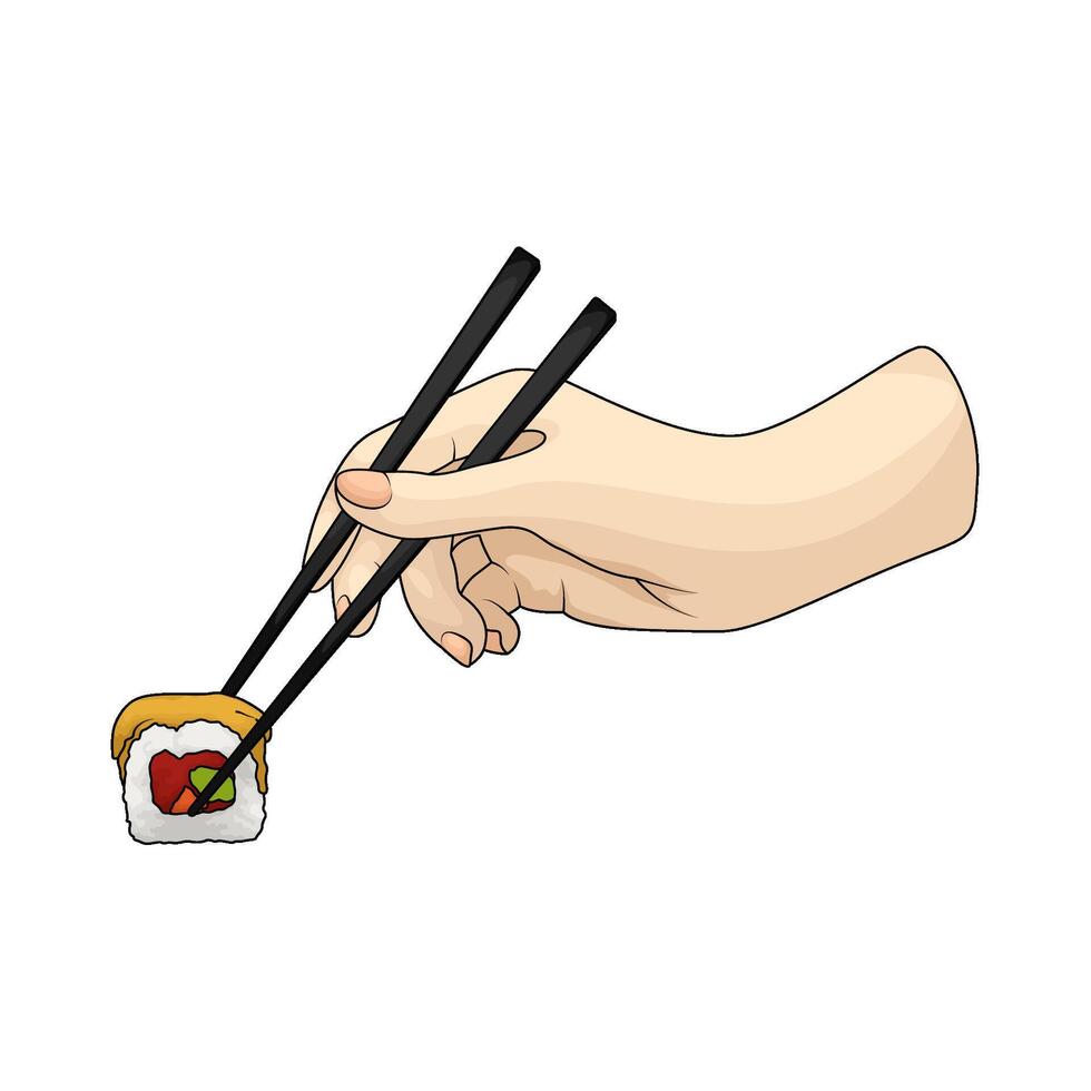 eating tamago sushi using chopsticks vector