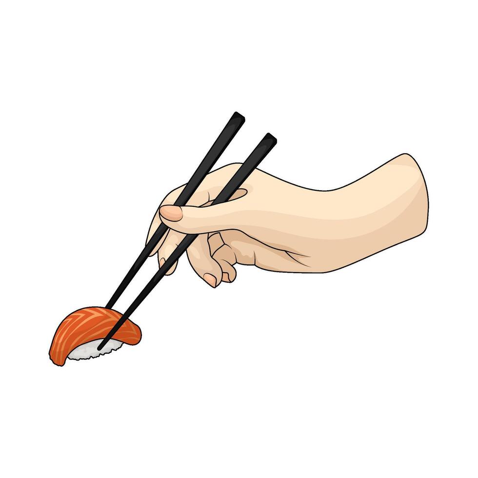 eating salmon sushi using chopsticks vector