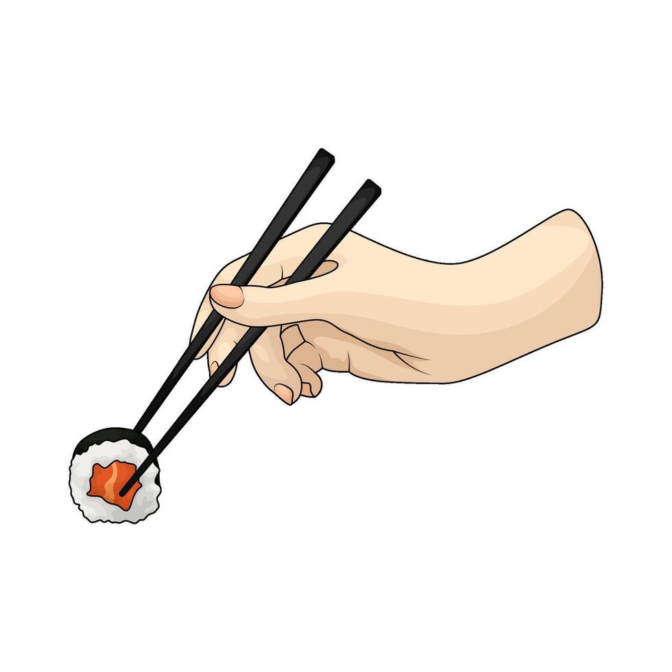 eating sushi roll using chopsticks vector