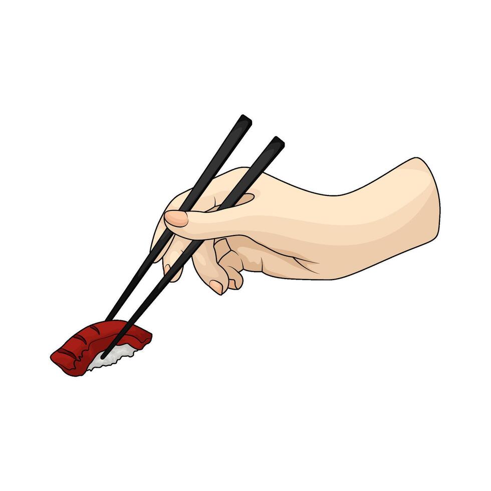 eating tuna sushi using chopsticks illustration vector