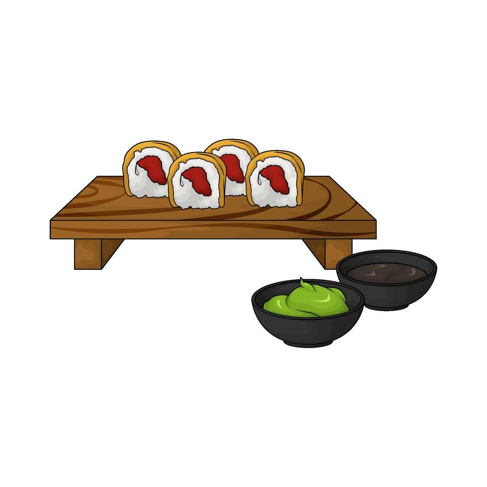 sushi roll on wooden plate with wasabi vector