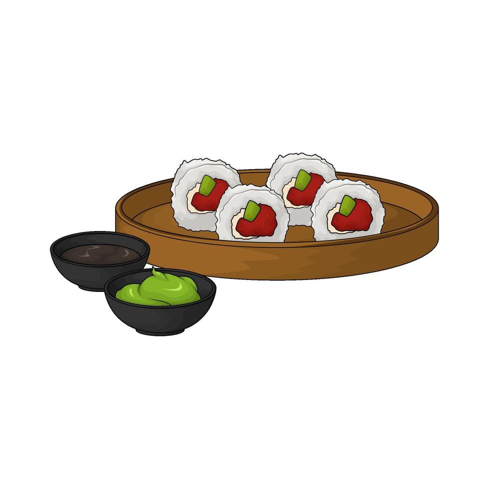 illustration of sushi roll on wooden plate with wasabi vector
