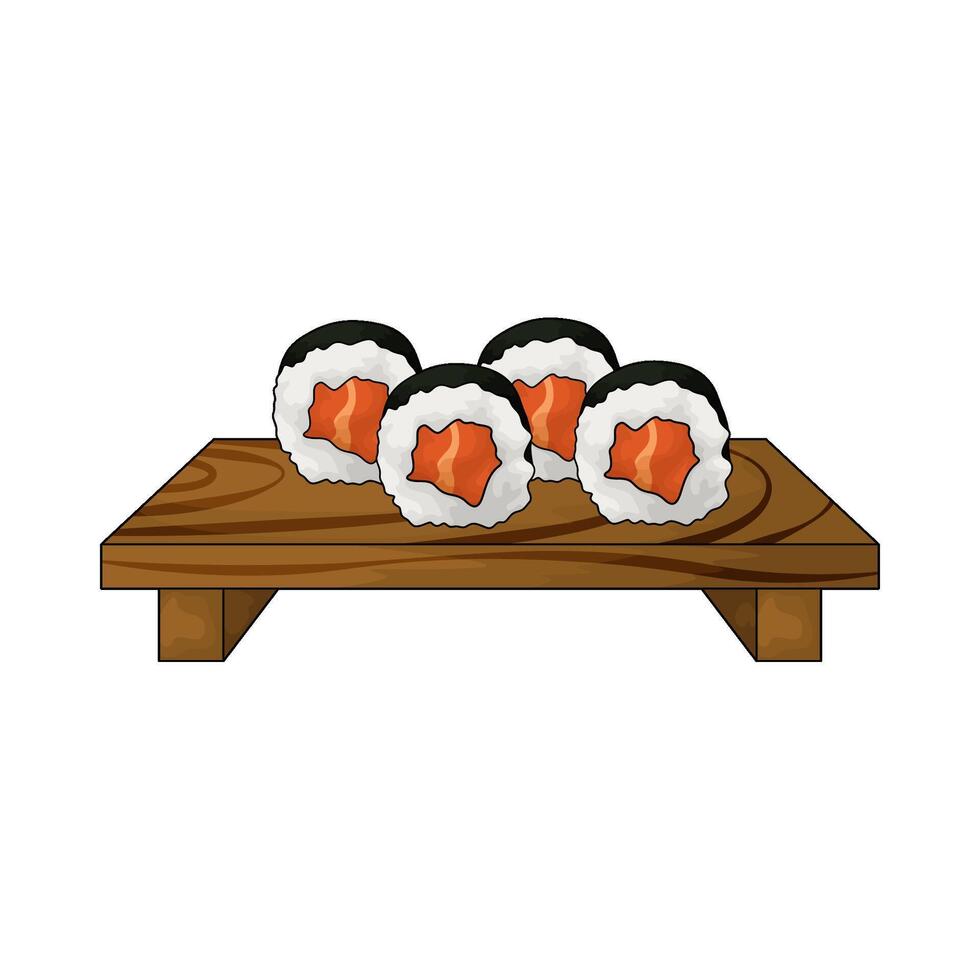 sushi rolls on wooden plate vector