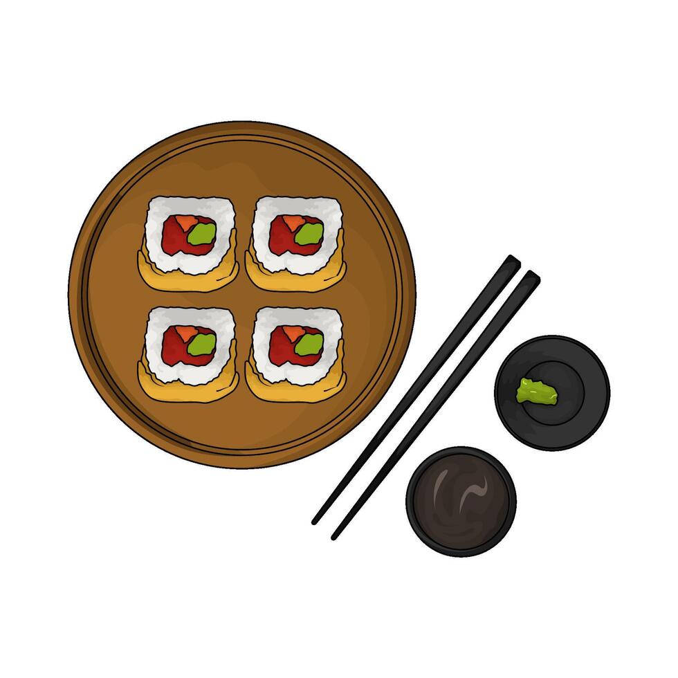 sushi roll on wooden plate and wasabi vector