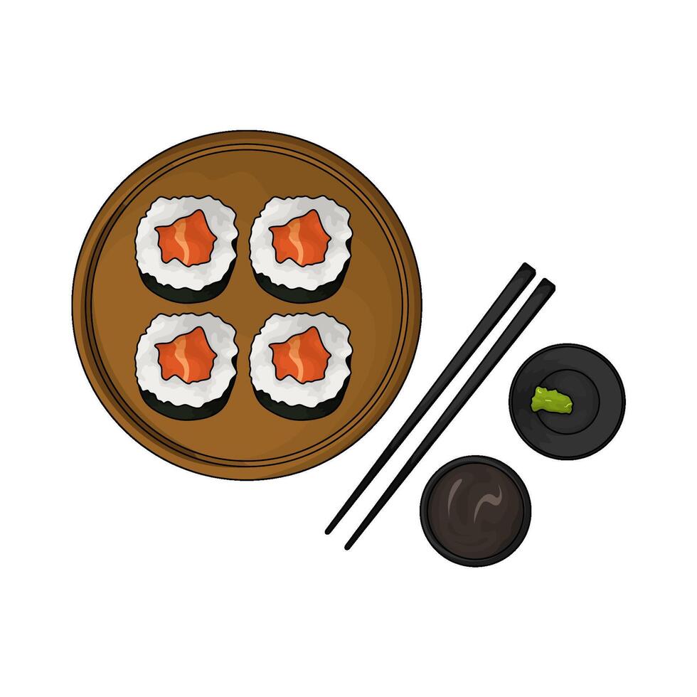sushi roll on wooden plate and wasabi illustration vector